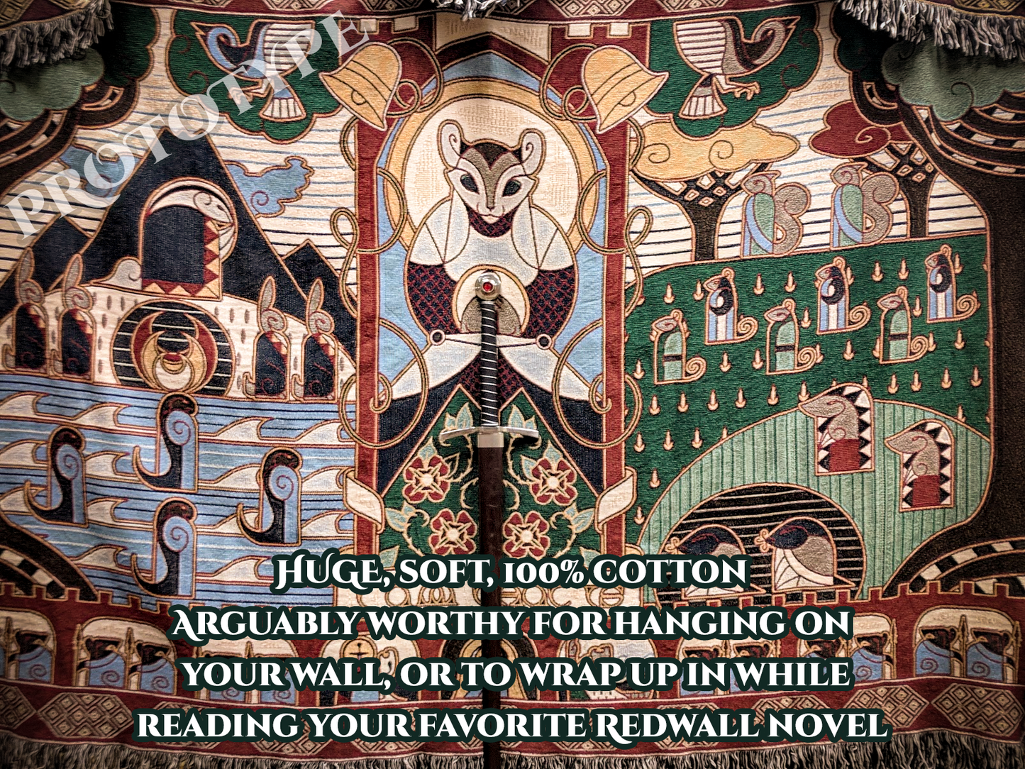 Decorative tapestry with intricate patterns and text about its qualities.