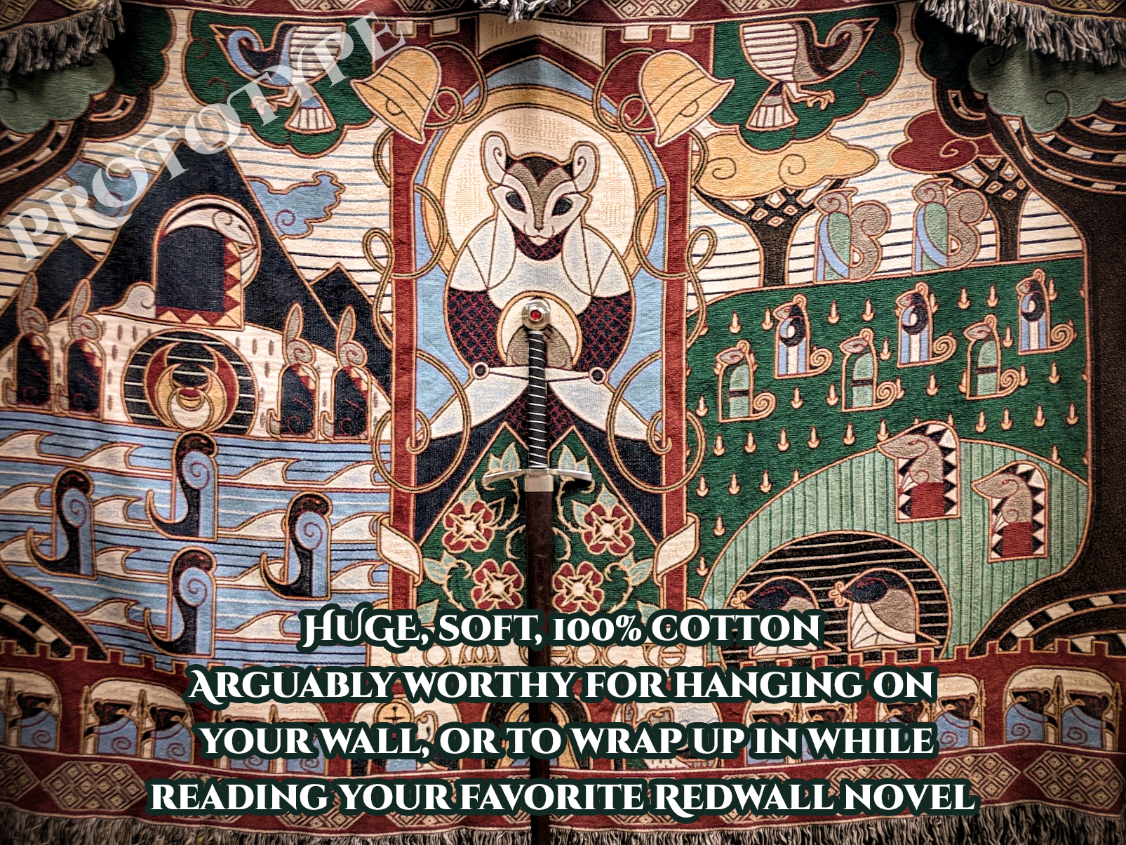 Decorative tapestry with intricate patterns and text about its qualities.