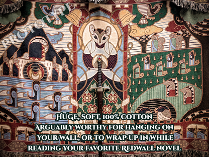 Decorative tapestry with intricate patterns and text about its qualities.