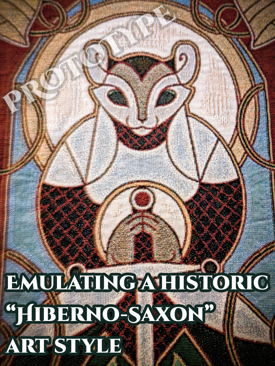Decorative design emulating a historic 'Hiberno-Saxon' art style with intricate patterns and text overlay.