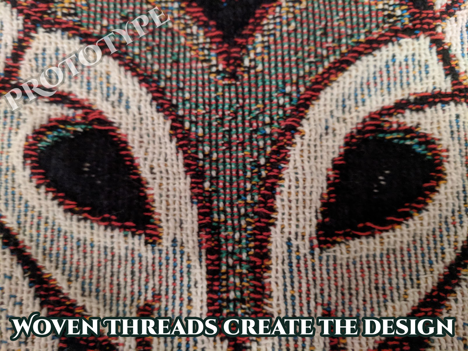Close-up of woven fabric with a design, labeled 'Woven Threads Create the Design'.