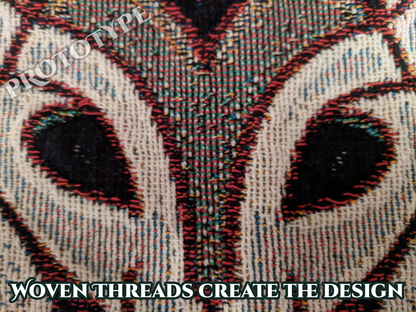 Close-up of woven fabric with a design, labeled 'Woven Threads Create the Design'.