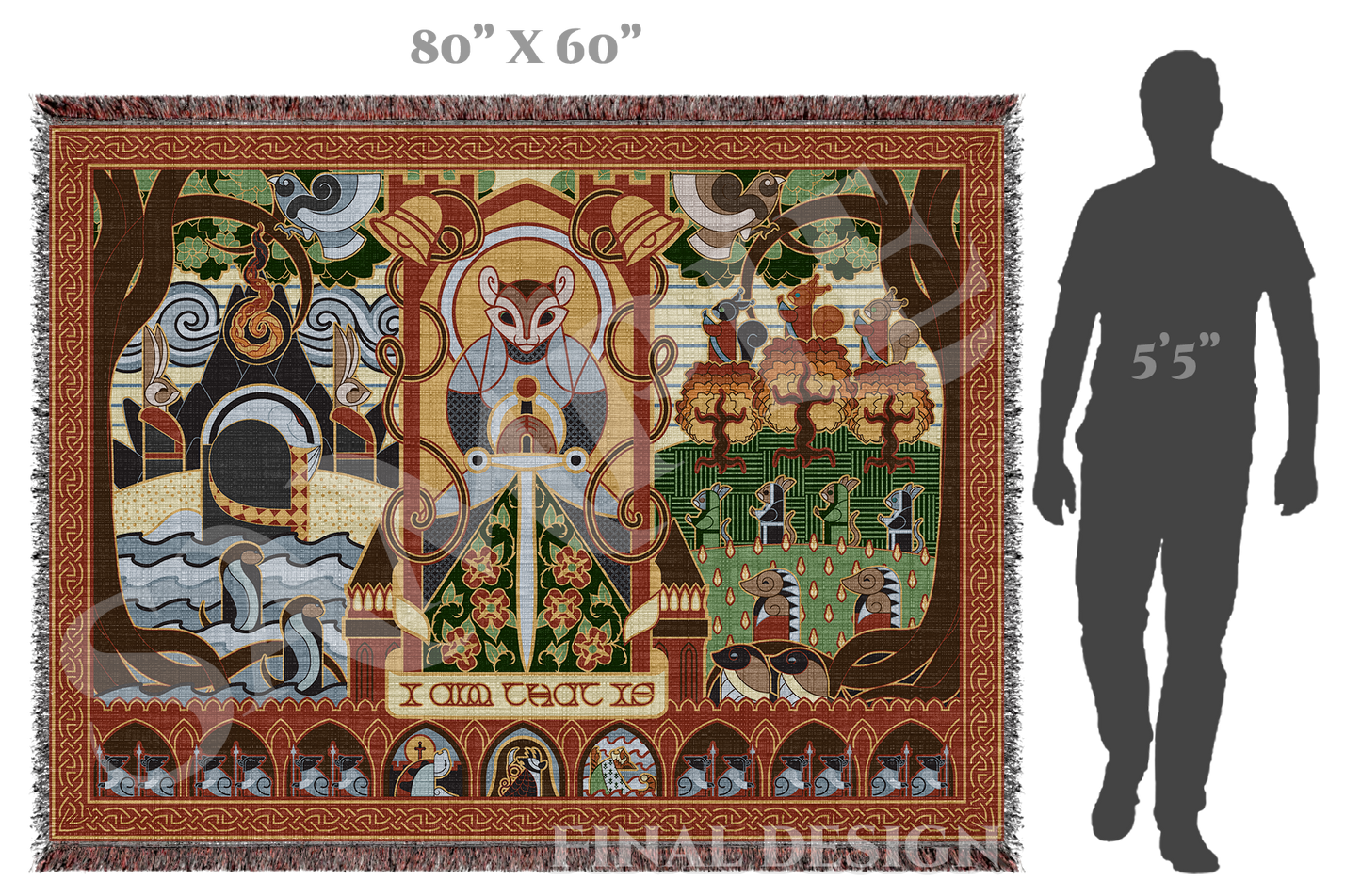 Decorative blanket with intricate design and dimensions shown next to a person for scale.