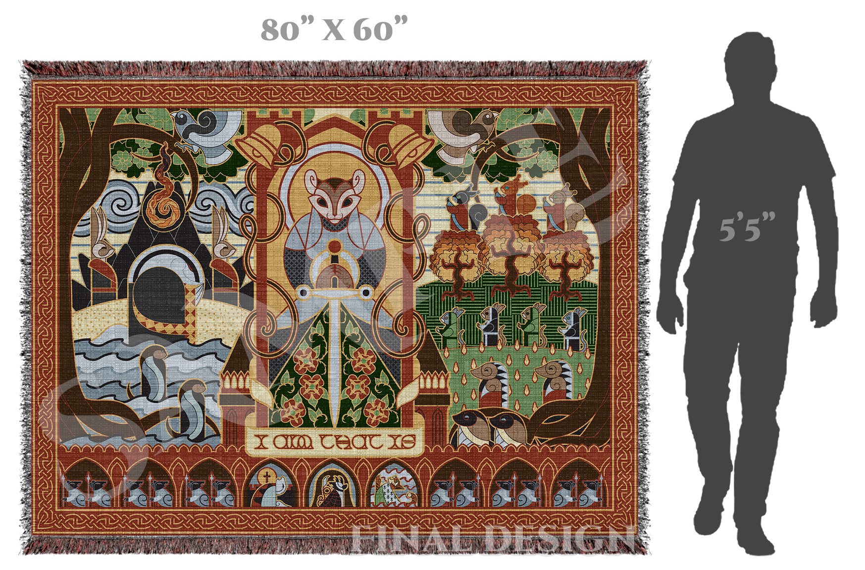 Decorative blanket with intricate design and dimensions shown next to a person for scale.