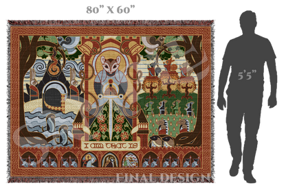 Decorative blanket with intricate design and dimensions shown next to a person for scale.